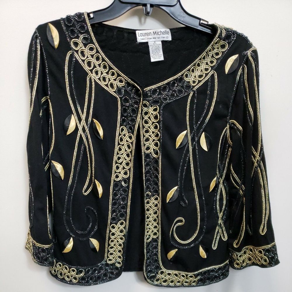 Lauren Michelle Womens Med Open Front Soutache Cardigan Topper Black & Gold
